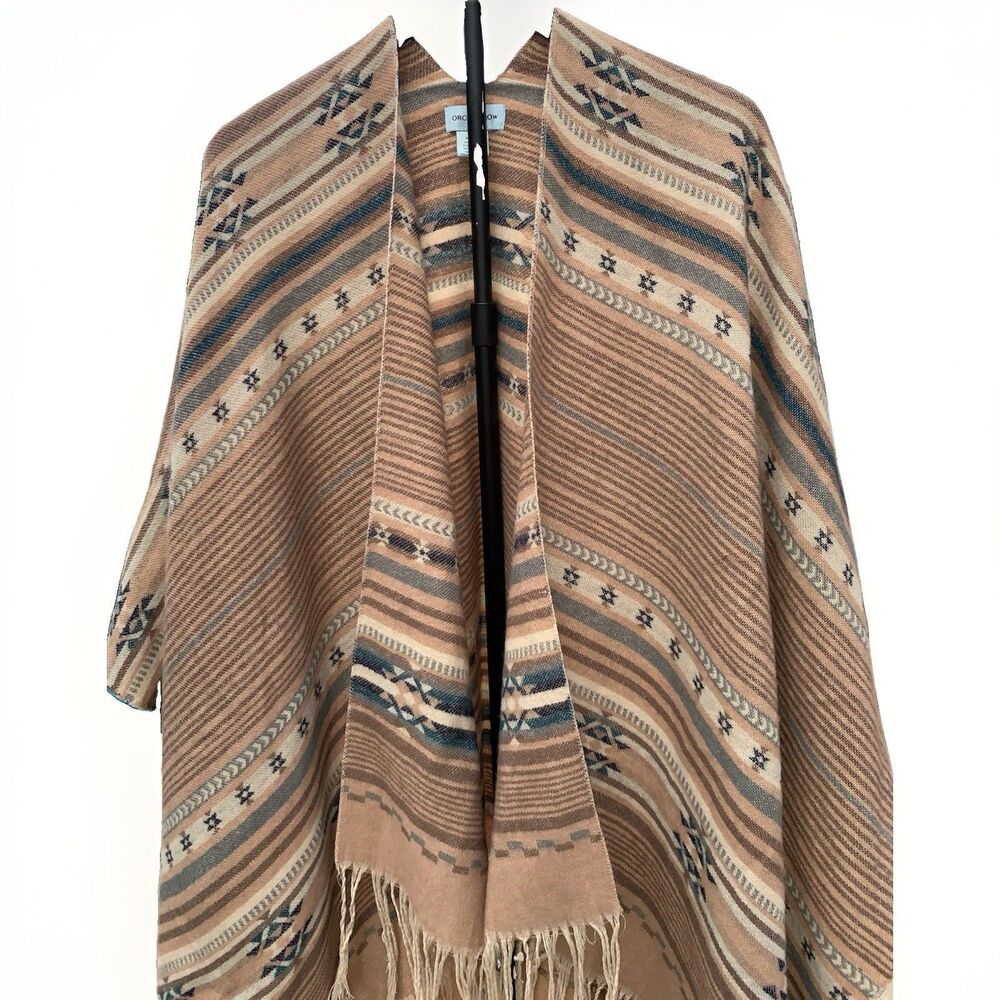 Southwestern Poncho Cape Orchid Row One Size Fringe Aztec Shawl Wrap Cardig